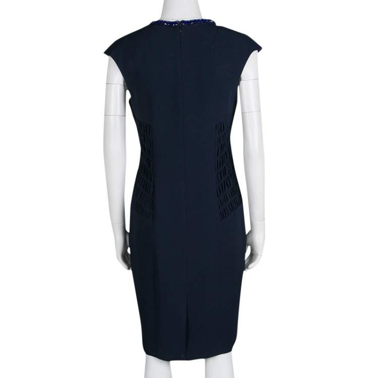 Pre Owned Matthew Williamson Navy Blue Smocked Waist Detail Embellished Neck Sleeveless Dress M