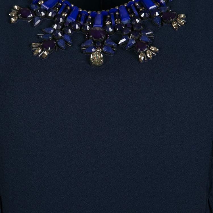 Pre Owned Matthew Williamson Navy Blue Smocked Waist Detail Embellished Neck Sleeveless Dress M