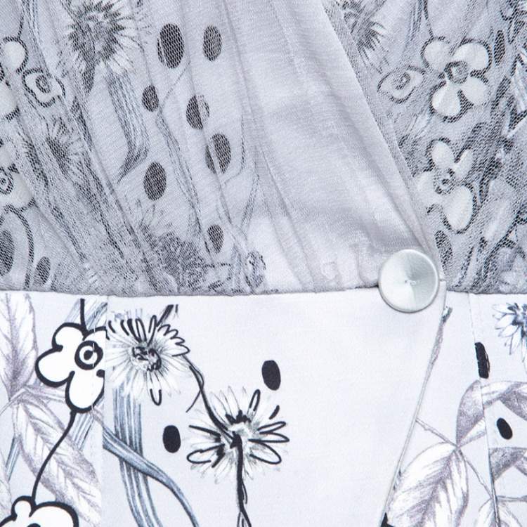 Pre Owned Matthew Williamson Grey Floral Printed Tulle Layered Box Jacket M