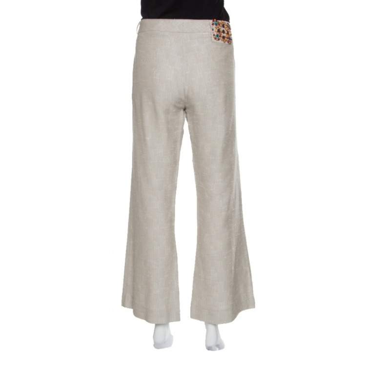 Pre Owned Matthew Williamson Beige Embellished Patch Detail Wide Leg Pants M