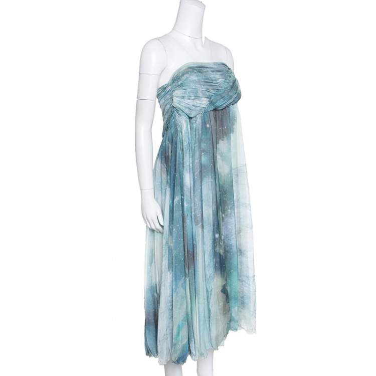 Pre Owned Matthew Williamson Printed Silk Draped Strapless Dress S