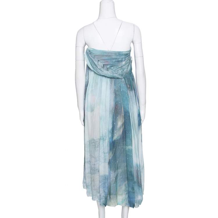 Pre Owned Matthew Williamson Printed Silk Draped Strapless Dress S