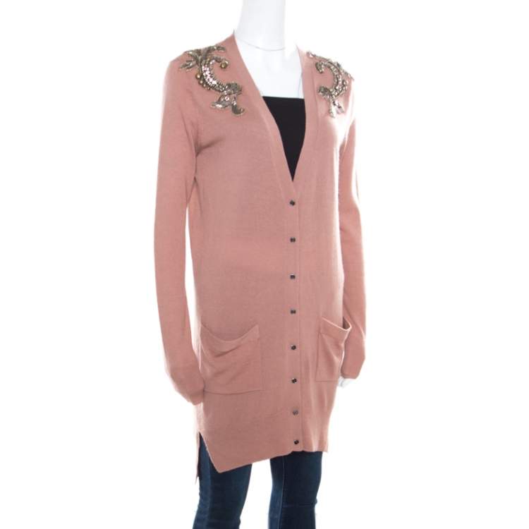 Pre Owned Matthew Williamson Caramel Brown Wool Cashmere Embellished Button Front Cardigan S