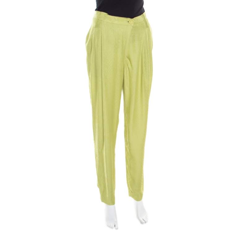Pre Owned Matthew Williamson Pastel Green Patterned Jacquard Silk Pleat Front Trousers M