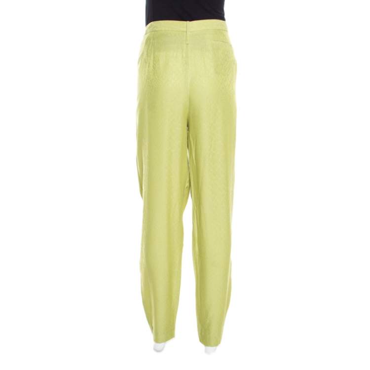 Pre Owned Matthew Williamson Pastel Green Patterned Jacquard Silk Pleat Front Trousers M