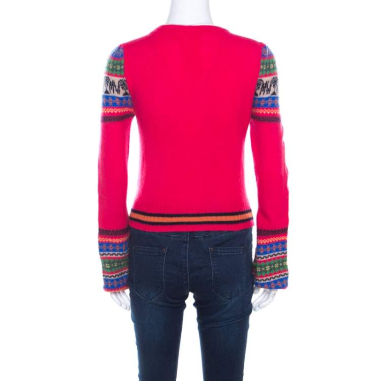 Pre Owned Matthew Williamson Pink Fair Isle Patterned Wool Button Front Cardigan S