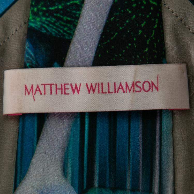 Pre Owned Matthew Williamson Blue Orchid and Stripe Print Silk Sleeveless Dress M