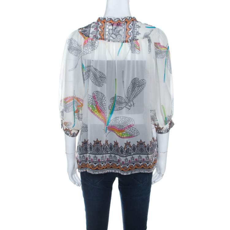 Pre Owned Matthew Williamson Off White Dragonfly Printed Silk Chiffon Sheer Blouse M