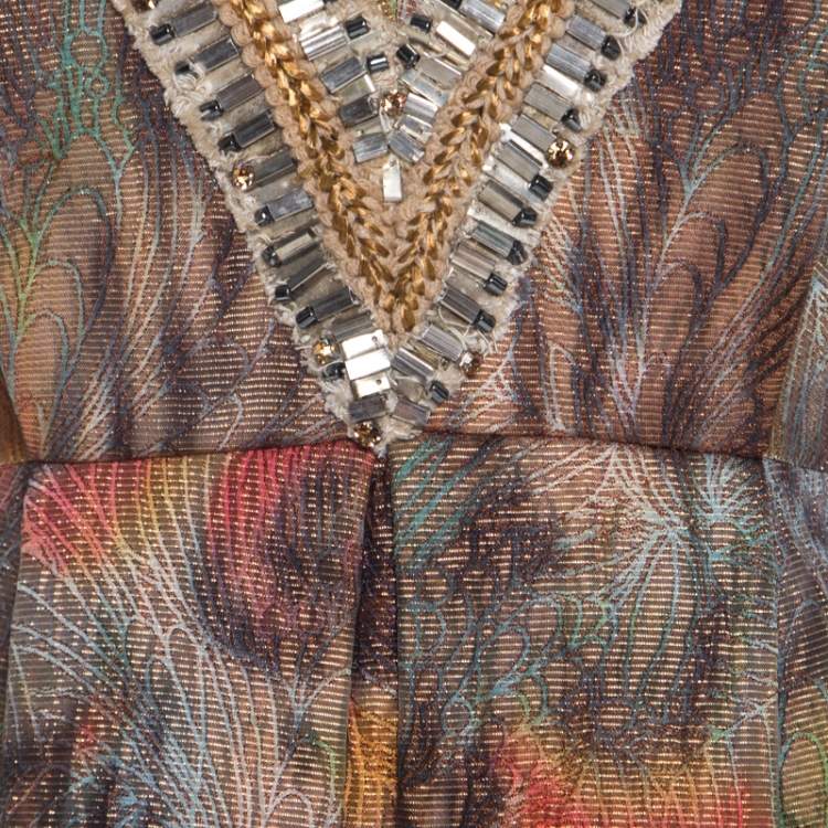 Pre Owned Matthew Williamson Multicolor Printed Jacquard Plunge Neck Cocktail Dress M 