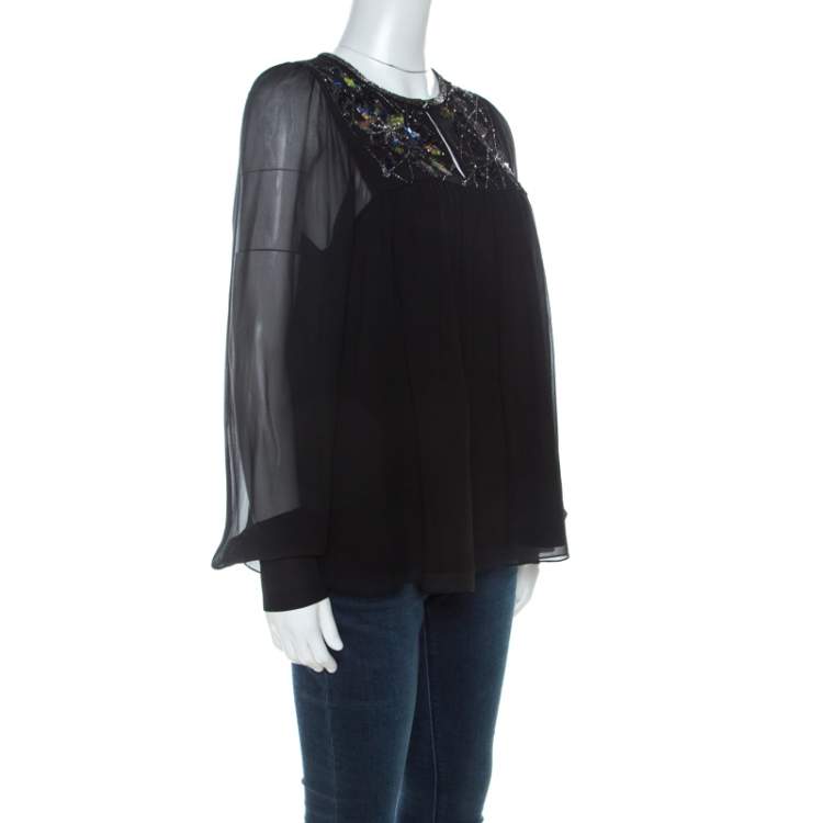Pre Owned Matthew Williamson Black Silk Sequin Embellished Long Sleeve Top S