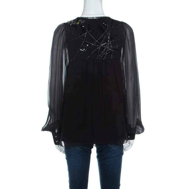 Pre Owned Matthew Williamson Black Silk Sequin Embellished Long Sleeve Top S