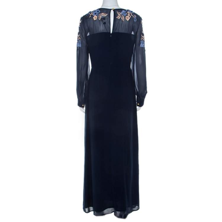 Pre Owned Matthew Williamson Navy Blue Silk Embellished Floral Applique Maxi Dress M