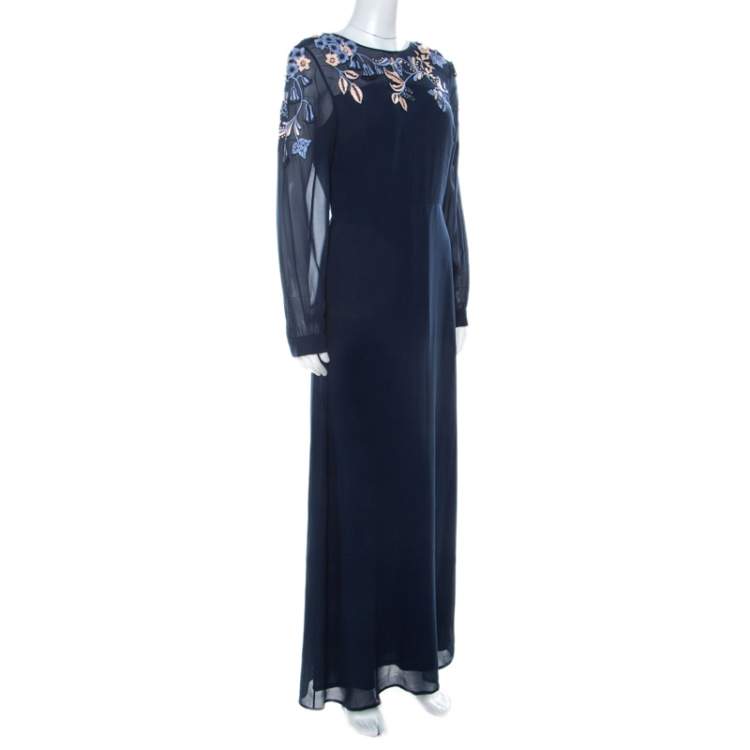 Pre Owned Matthew Williamson Navy Blue Silk Embellished Floral Applique Maxi Dress M