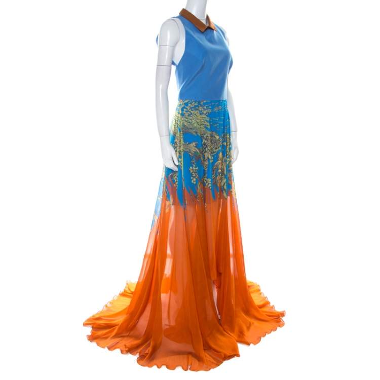 Pre Owned Matthew Williamson Blue & Orange Printed Chiffon Dress With Organza Top L