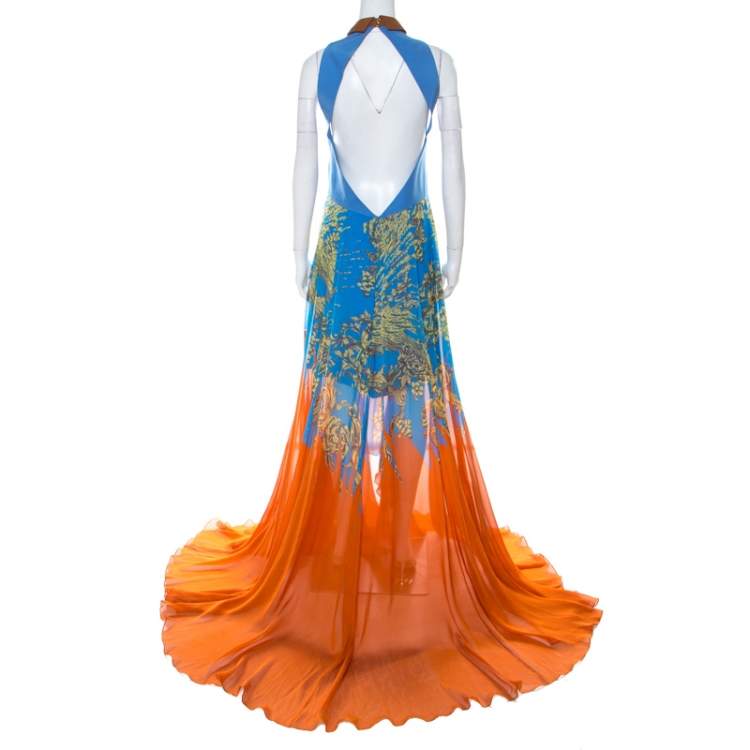 Pre Owned Matthew Williamson Blue & Orange Printed Chiffon Dress With Organza Top L