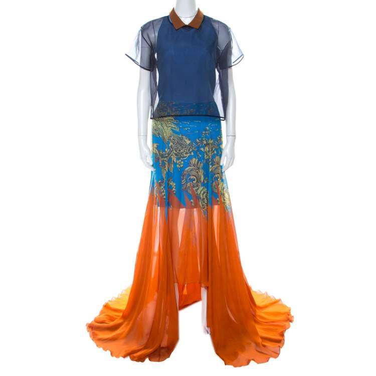 Pre Owned Matthew Williamson Blue & Orange Printed Chiffon Dress With Organza Top L