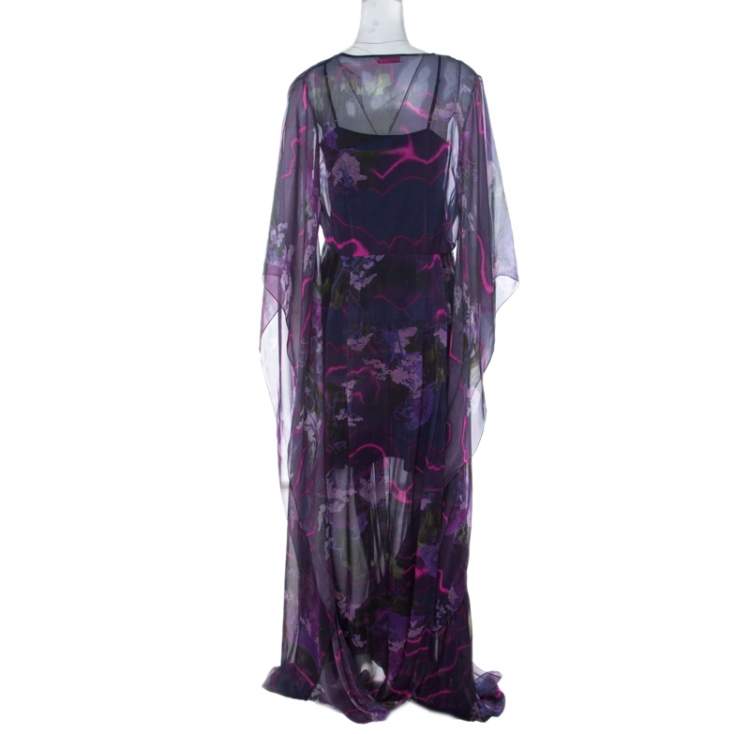 Pre Owned Matthew Williamson Purple Printed Silk Long Folded Hemline Kaftan Dress M