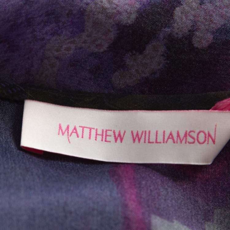 Pre Owned Matthew Williamson Purple Printed Silk Long Folded Hemline Kaftan Dress M