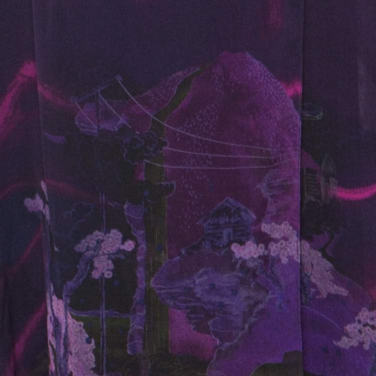 Pre Owned Matthew Williamson Purple Printed Silk Long Folded Hemline Kaftan Dress M