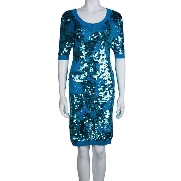 Pre Owned Matthew Williamson Turquoise Silk Rib Knit Embellished Dress M