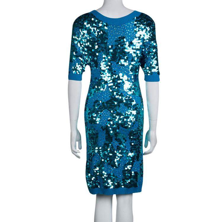 Pre Owned Matthew Williamson Turquoise Silk Rib Knit Embellished Dress M