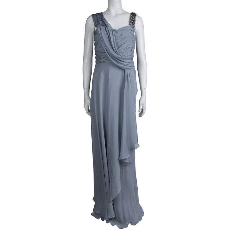 Pre Owned Matthew Williamson Grey Silk Draped Asymmetric Embellished Gown M