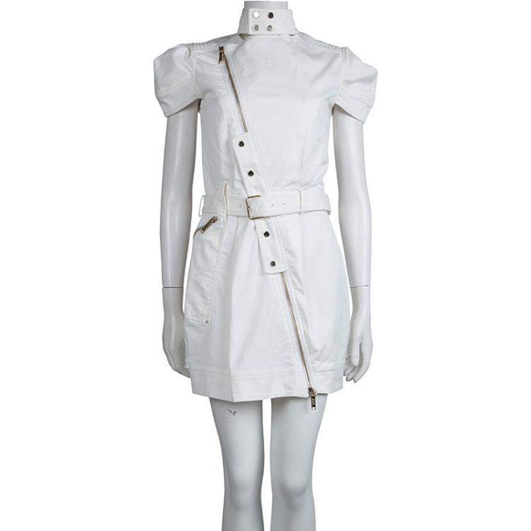 Pre Owned Mathew Williamson White Denim Overlap Zipper Belted Dress M