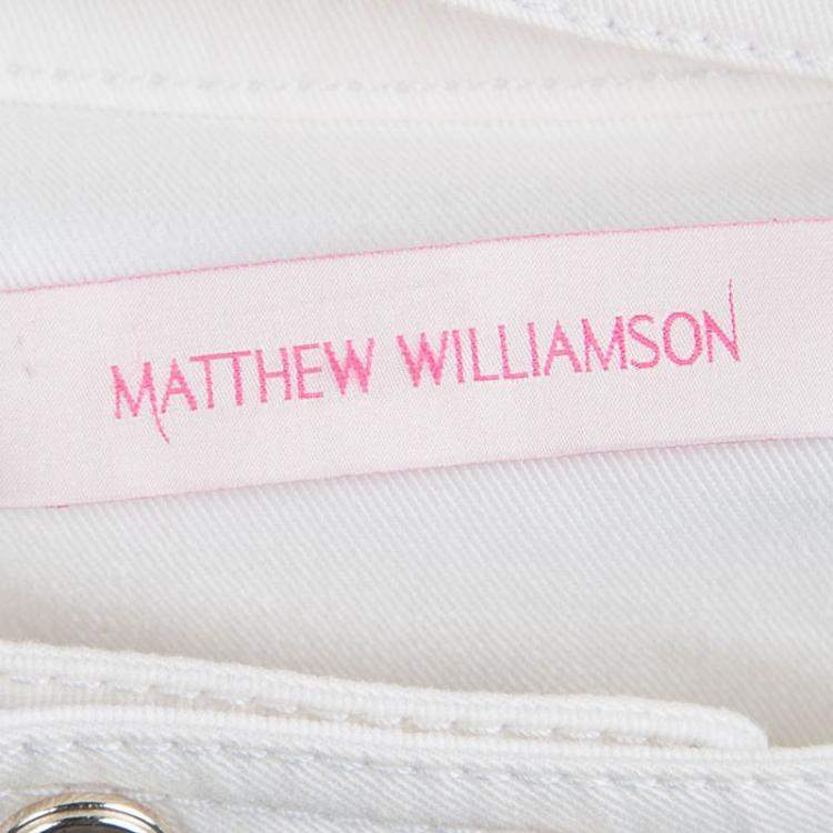 Pre Owned Mathew Williamson White Denim Overlap Zipper Belted Dress M