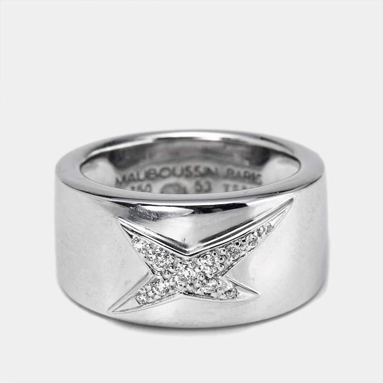 Pre Owned Mauboussin Divine Star Diamond 18k Yellow Gold Rhodium Plated Ring Size 53