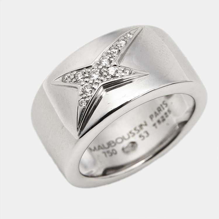 Pre Owned Mauboussin Divine Star Diamond 18k Yellow Gold Rhodium Plated Ring Size 53