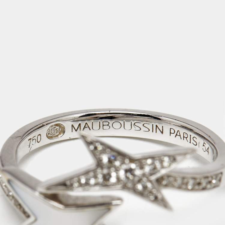 Pre Owned Mauboussin Etoile de Vie Mother of Pearl DIamonds 18k White Gold Ring Size 53