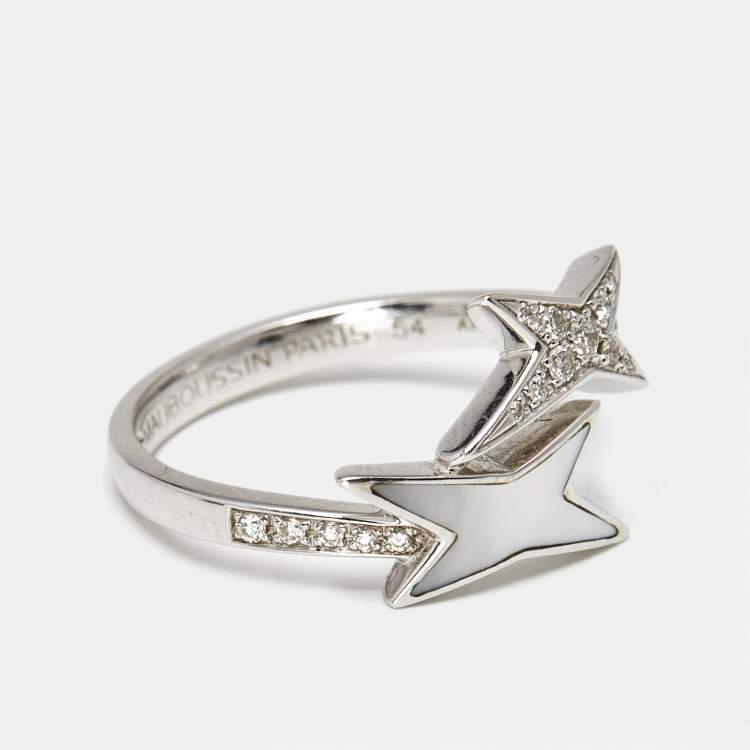 Pre Owned Mauboussin Etoile de Vie Mother of Pearl DIamonds 18k White Gold Ring Size 53