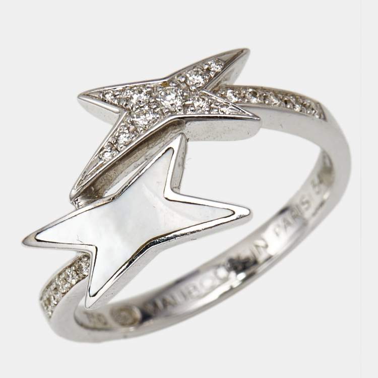 Pre Owned Mauboussin Etoile de Vie Mother of Pearl DIamonds 18k White Gold Ring Size 53