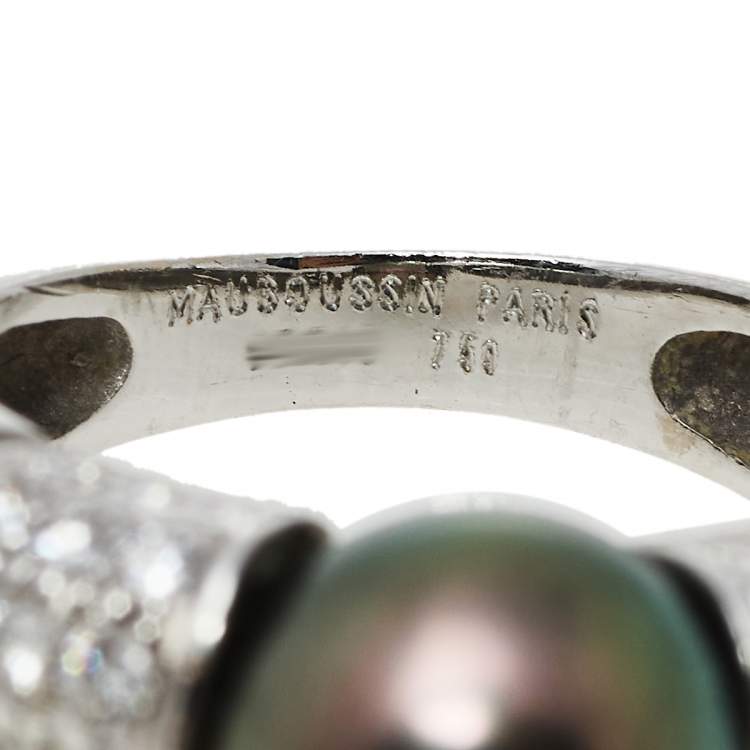 Pre Owned Mauboussin Nadja Cultured Pearl Diamond 18K White Gold Cocktail Ring Size 52