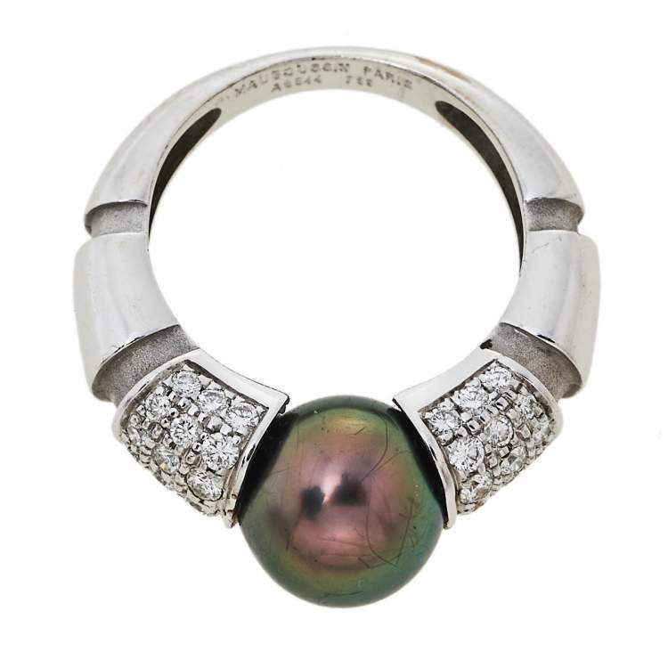 Pre Owned Mauboussin Nadja Cultured Pearl Diamond 18K White Gold Cocktail Ring Size 52