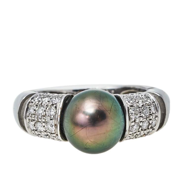 Pre Owned Mauboussin Nadja Cultured Pearl Diamond 18K White Gold Cocktail Ring Size 52