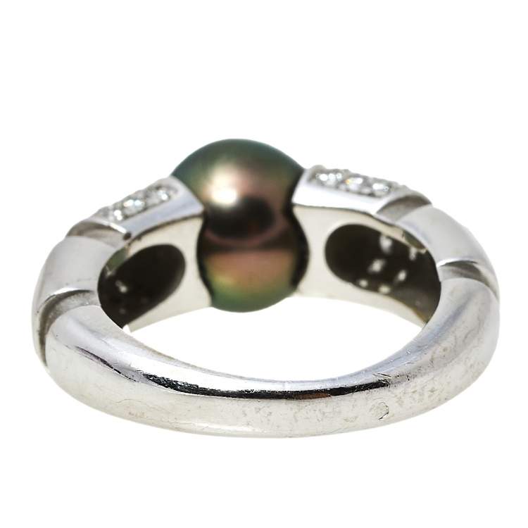 Pre Owned Mauboussin Nadja Cultured Pearl Diamond 18K White Gold Cocktail Ring Size 52