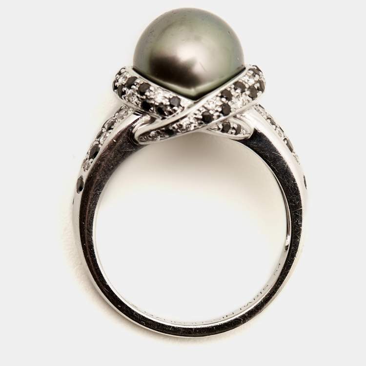 Pre Owned Mauboussin Perle Caviar Mon Amour Cultured Pearl Diamond 18K White Gold Cocktail Ring Size 54