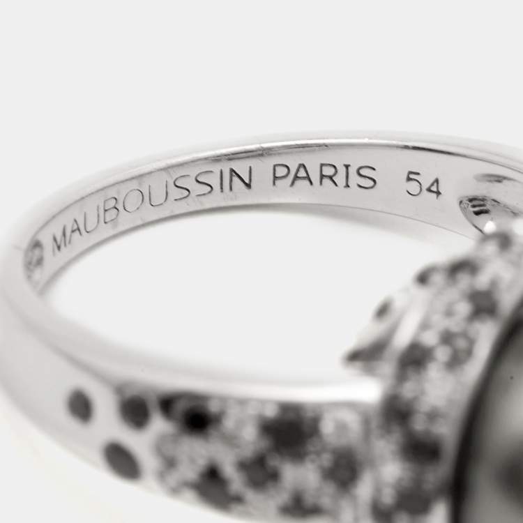 Pre Owned Mauboussin Perle Caviar Mon Amour Cultured Pearl Diamond 18K White Gold Cocktail Ring Size 54