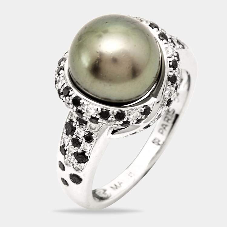Pre Owned Mauboussin Perle Caviar Mon Amour Cultured Pearl Diamond 18K White Gold Cocktail Ring Size 54
