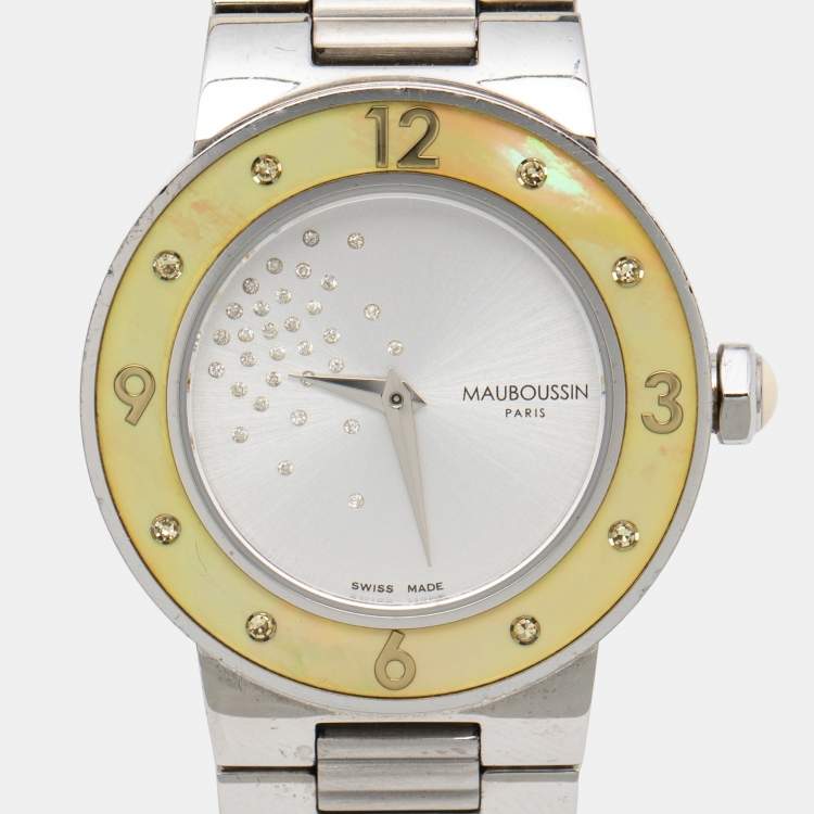 Pre Owned Mauboussin Silver Mother of Pearl Stainless Steel Amour le Jour se Leve 9112100 Women's Wristwatch 31 mm