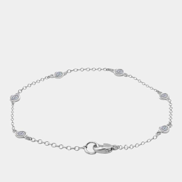 Pre Owned 14K White Gold Chain With Bezel-Set Diamond Station Bracelet