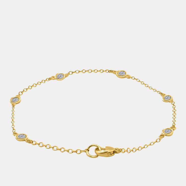 Pre Owned 14K Yellow Gold Chain With Bezel-Set Diamond Station Bracelet