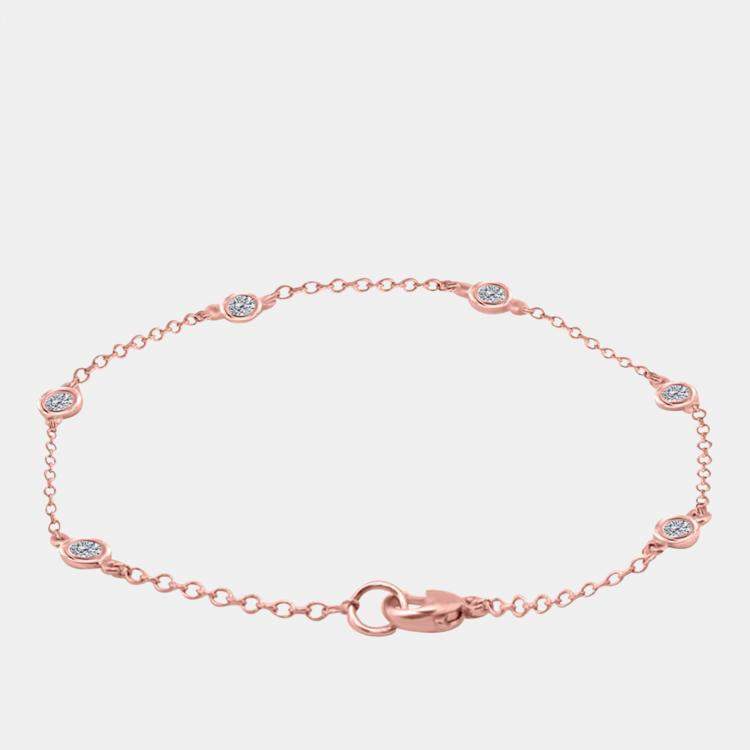 Pre Owned 14K Rose Gold Chain With Bezel-Set Diamond Station Bracelet