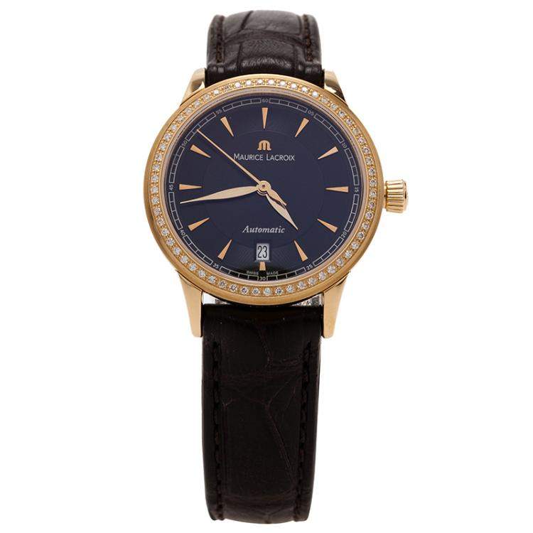 Pre Owned Maurice Lacroix Black 18K Yellow Gold Diamond Les Classiques Women's Wristwatch 30MM