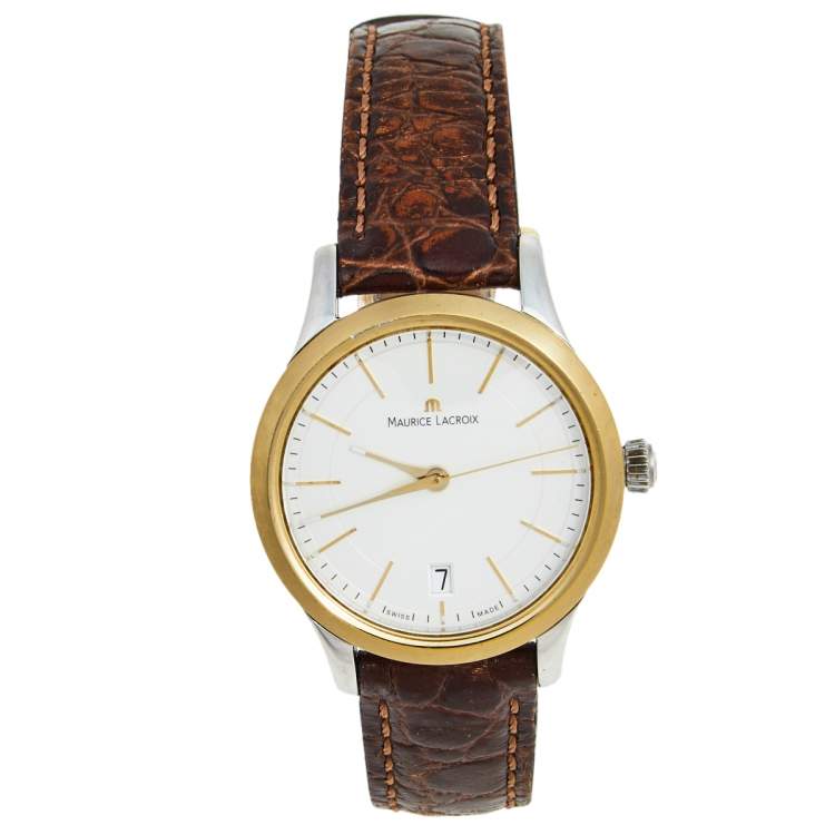 Pre Owned Maurice Lacroix Silver Two Tone Stainless Steel Leather Les Classiques LC1026 Women's Wristwatch 33 mm