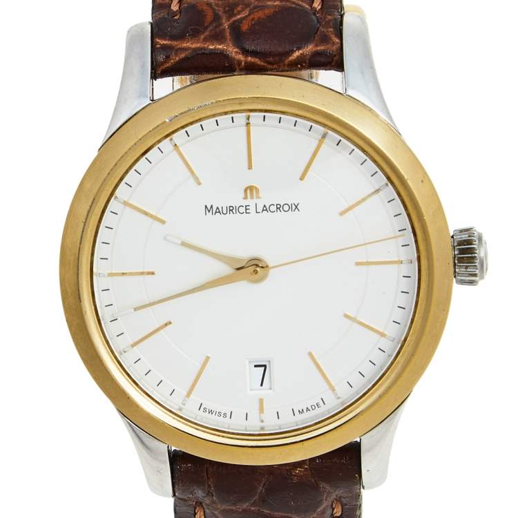 Pre Owned Maurice Lacroix Silver Two Tone Stainless Steel Leather Les Classiques LC1026 Women's Wristwatch 33 mm