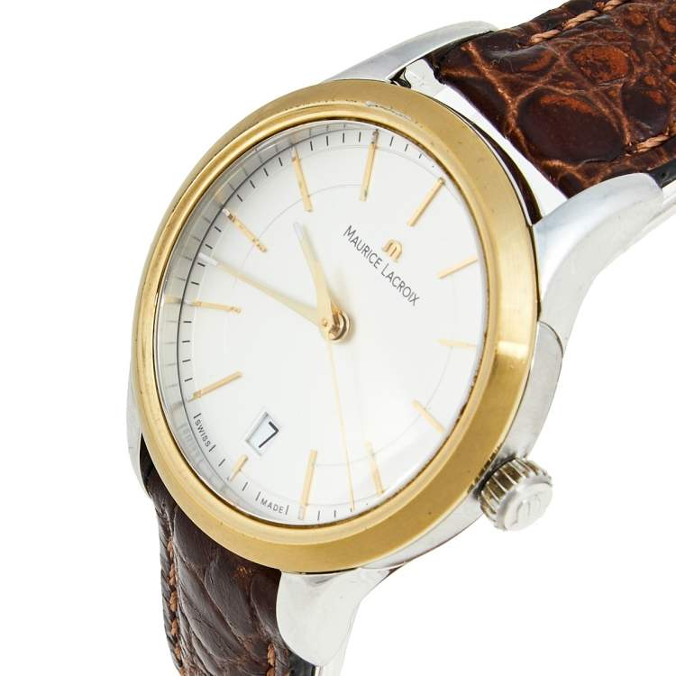Pre Owned Maurice Lacroix Silver Two Tone Stainless Steel Leather Les Classiques LC1026 Women's Wristwatch 33 mm