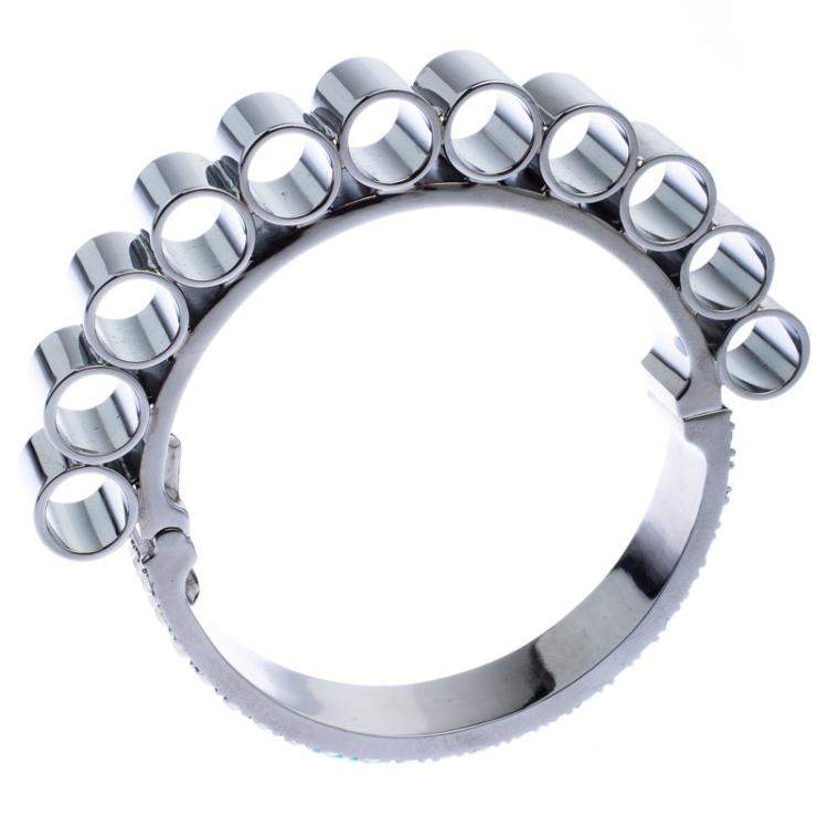 Pre Owned Mawi Retrospective Embedded Crystal Hematite Plated Tube Cuff Bracelet 19cm