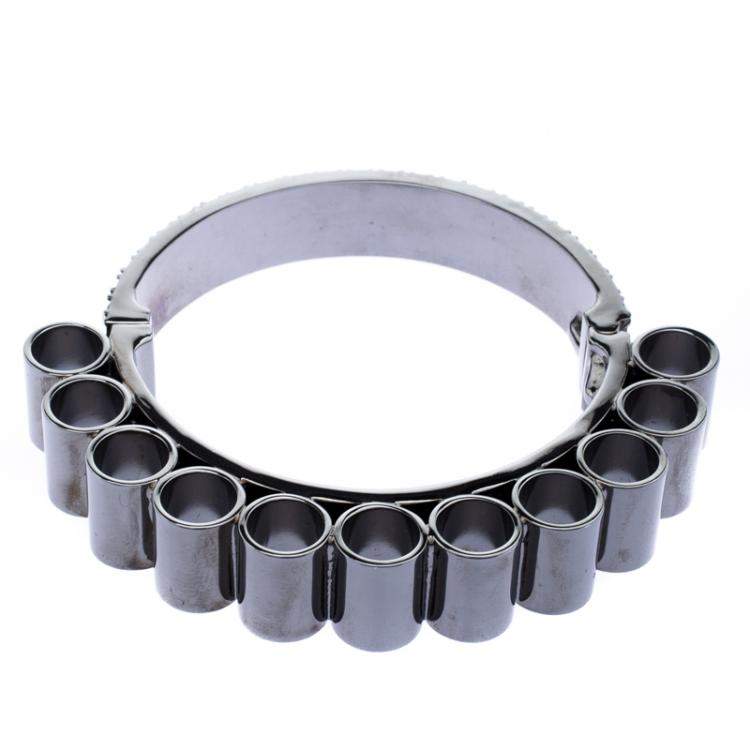 Pre Owned Mawi Retrospective Embedded Crystal Hematite Plated Tube Cuff Bracelet 19cm